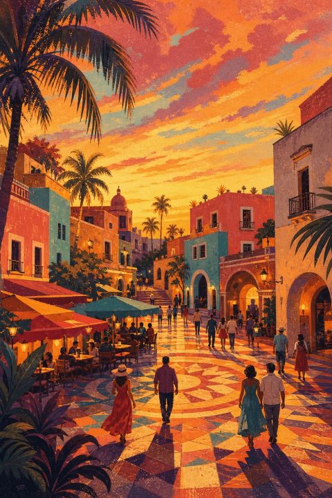 Latin Rhythm Dusk Plaza — printable digital art preview