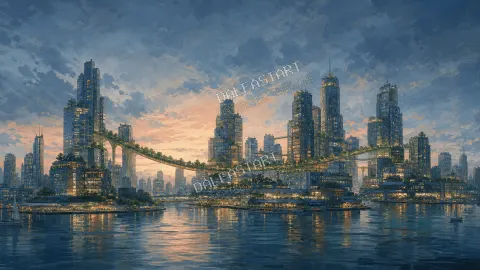 Silhuetas de ciudad corredor verde — printable digital art preview