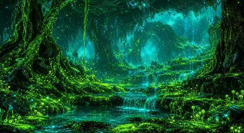Neon Moss Cavern — printable digital art preview