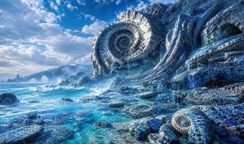 Cerulean Fossil Coast — printable digital art preview