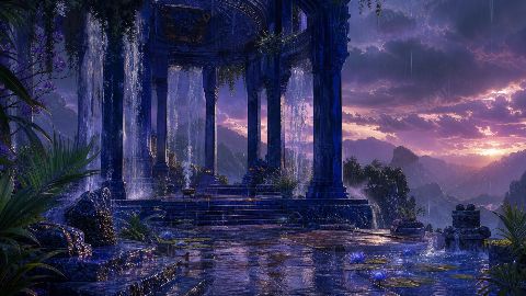 Indigo Rain Temple — printable digital art preview